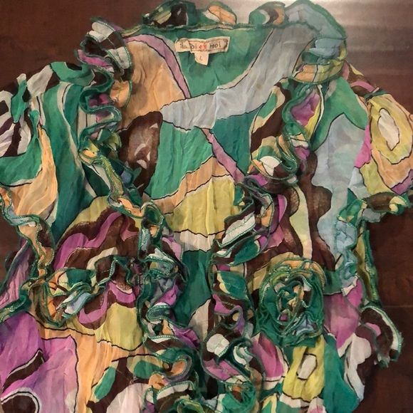 🔵VINTAGE MULTI COLOR CRINKLED RUFFLE TOP - Picture 3 of 4